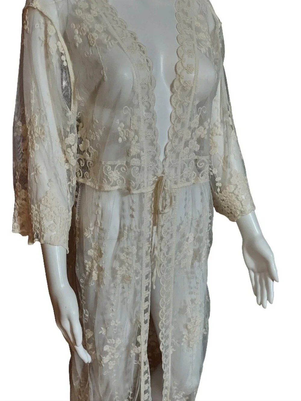 Thirty/Thirty LA Sheer Mesh Crochet Lace Kimono Tie Waist Cover Up